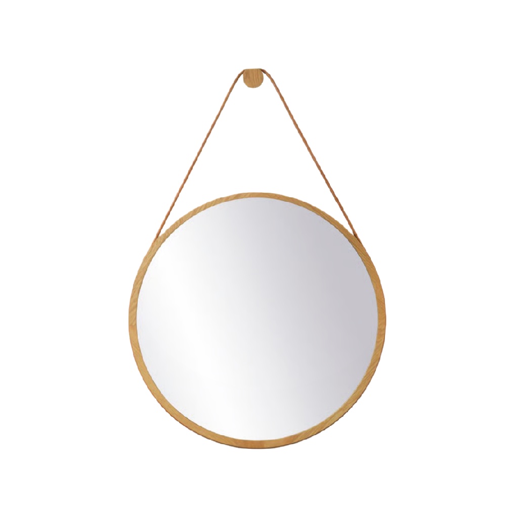 Espejo redondo de pared con marco de madera y cuerda colgante-jessehenry.shop