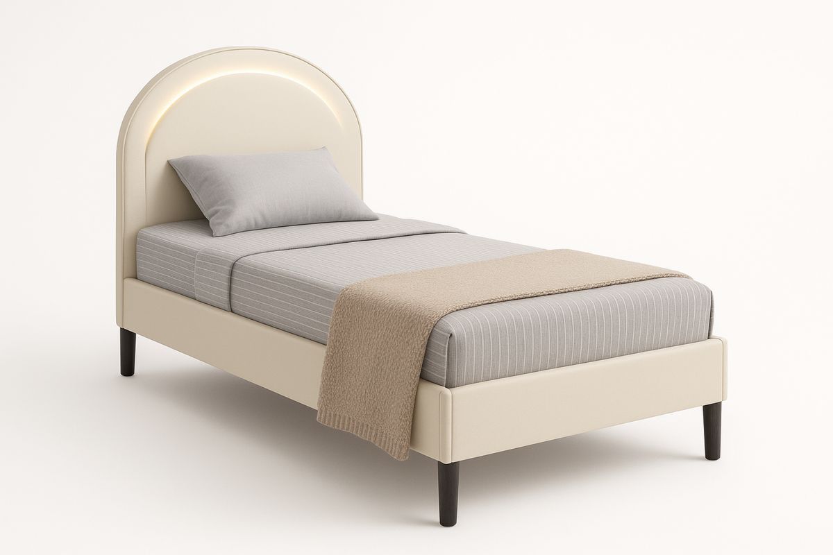 Single Bed with Beige Faux Leather Arched Headboard and LED Light 99cm x 210cm x 120cm-Juterootsy