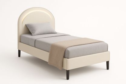 Single Bed with Beige Faux Leather Arched Headboard and LED Light 99cm x 210cm x 120cm-Juterootsy