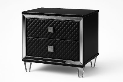 Black Two-Drawer Nightstand with Glass and Leather-Juterootsy
