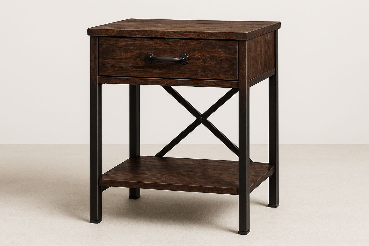 Dark Brown Wooden and Metal Bedside Table with Drawer and Shelf-Juterootsy