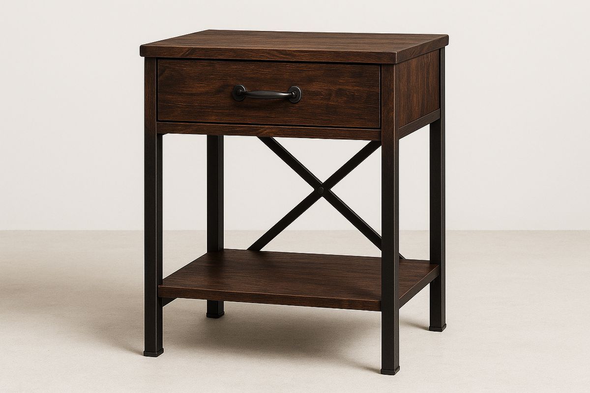 Dark Brown Wooden and Metal Bedside Table with Drawer and Shelf-Juterootsy
