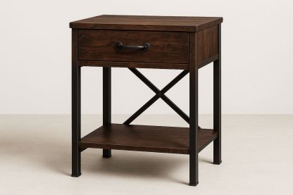 Dark Brown Wooden and Metal Bedside Table with Drawer and Shelf-Juterootsy