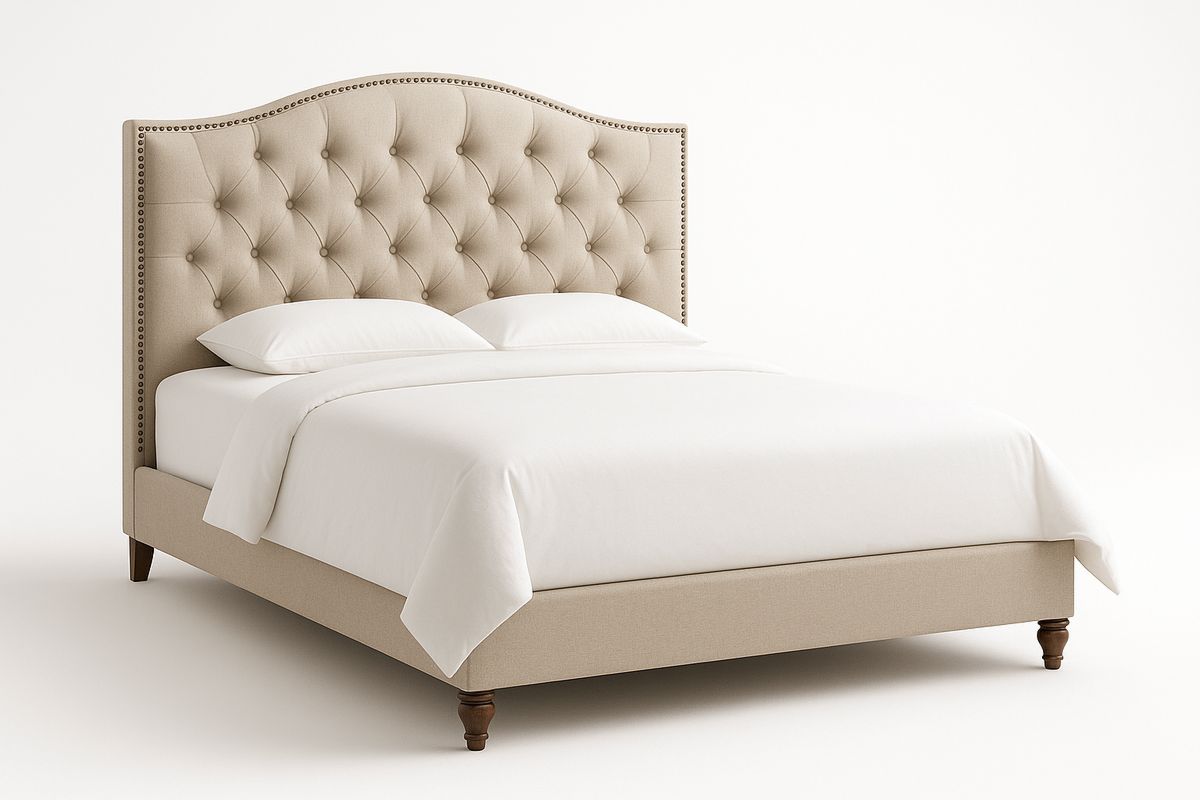King Fabric Upholstered Button Tufted Bed Beige-Juterootsy