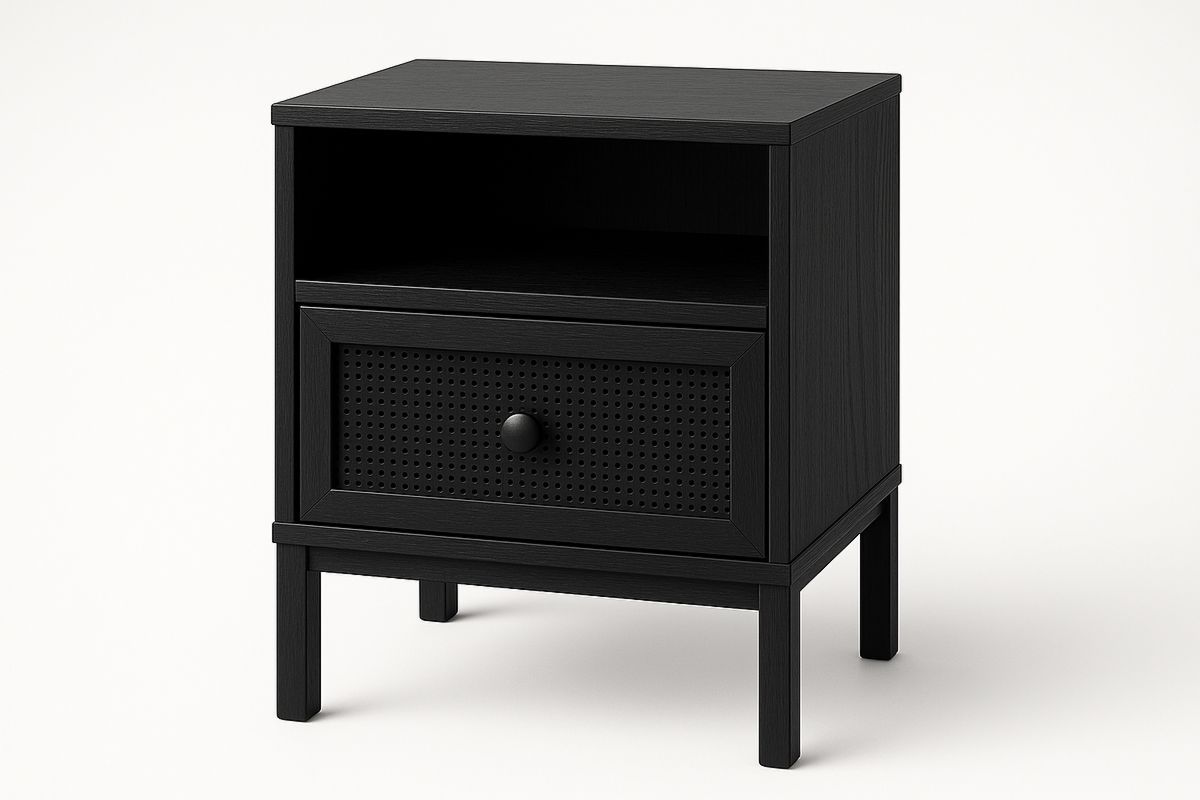 Black Engineered Wood Nightstand with Rattan Drawer and Open Shelf 45x35x55cm-Juterootsy