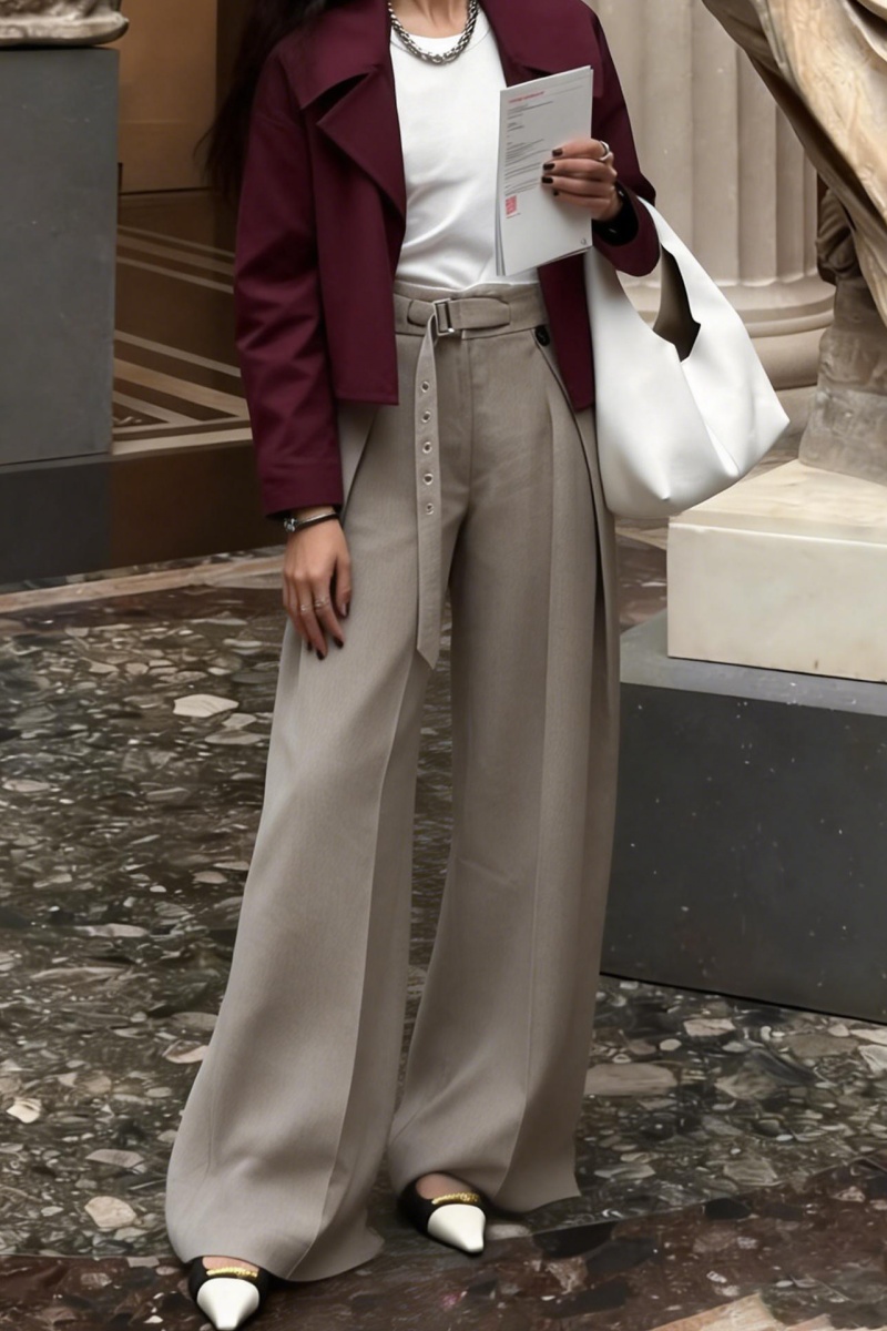 Loose-fitting straight-leg trousers with a three-dimensional pleated, draped waistband.