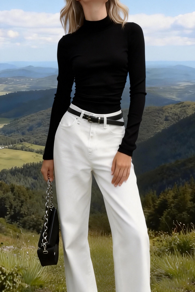 Women's mock neck brushed cotton basic long-sleeved t-shirt, perfect for layering or wearing as a base layer.