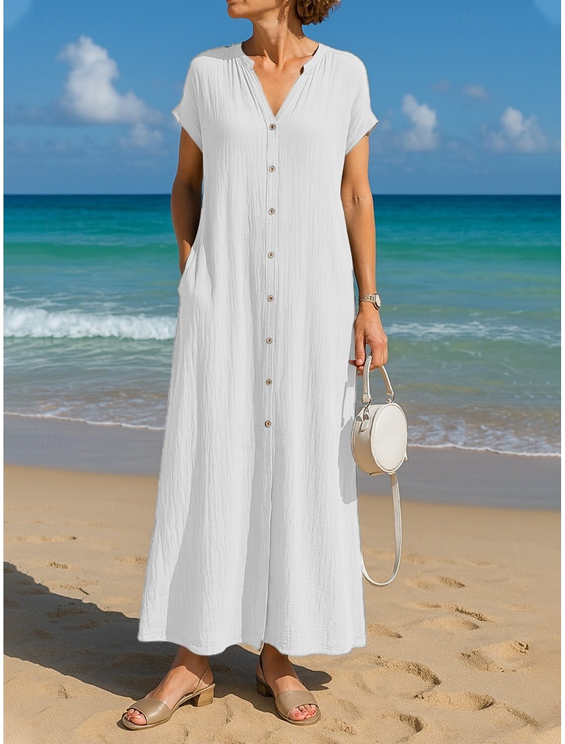 Women's Maxi Dress A Line Dress Summer Dress Casual Daily Loose Fit Plain Short Sleeve V Neck Blue Black White Camel Summer