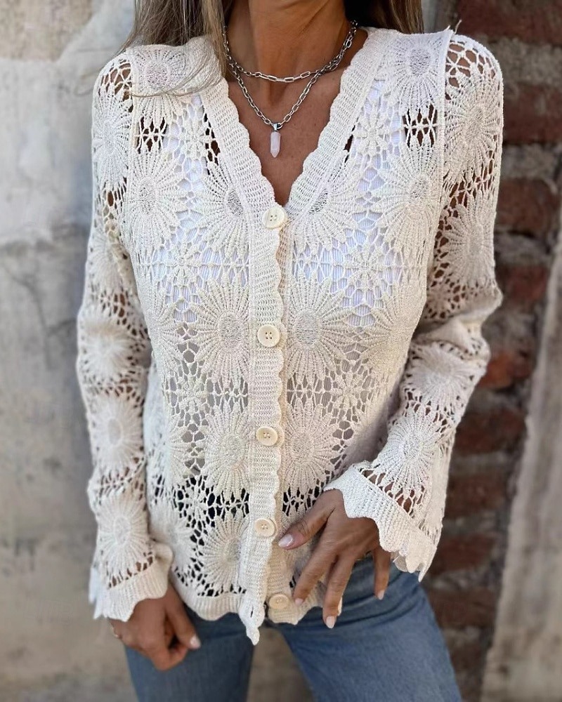 Women's Blouse Lace Tops Plain Active Casual Long Sleeve V Neck Regular Tops Daily Holiday Going out Lace Patchwork Buttons Black White Apricot Spring Fall