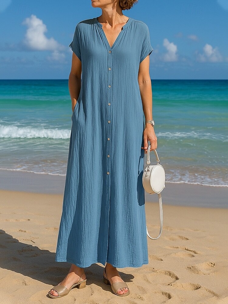 Women's Maxi Dress A Line Dress Summer Dress Casual Daily Loose Fit Plain Short Sleeve V Neck Blue Black White Camel Summer