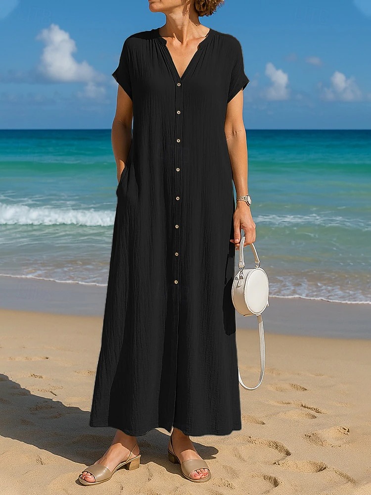 Women's Maxi Dress A Line Dress Summer Dress Casual Daily Loose Fit Plain Short Sleeve V Neck Blue Black White Camel Summer