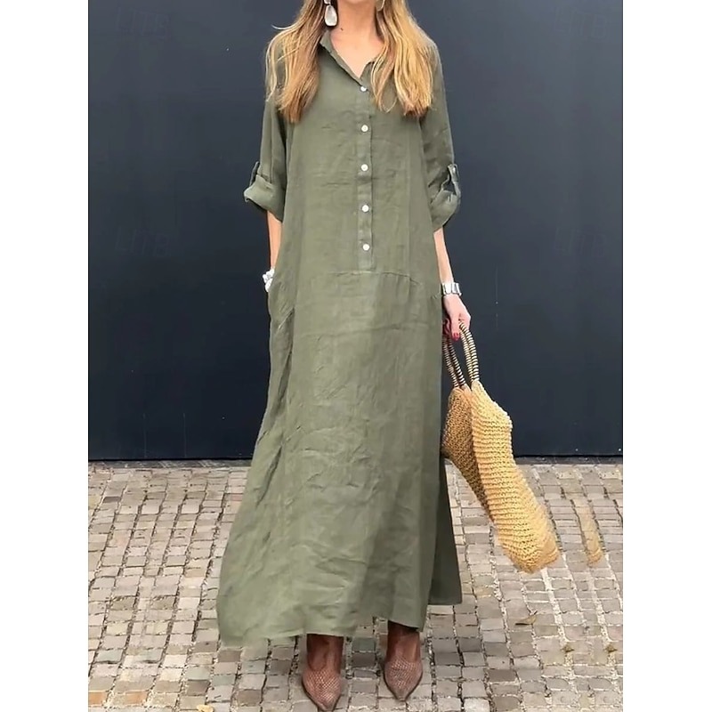 Women's Maxi Dress Sundress Shift Dress Vacation Casual Boho Daily Beach Holiday Loose Fit Plain Long Sleeve Lapel White Pink Green Summer Spring