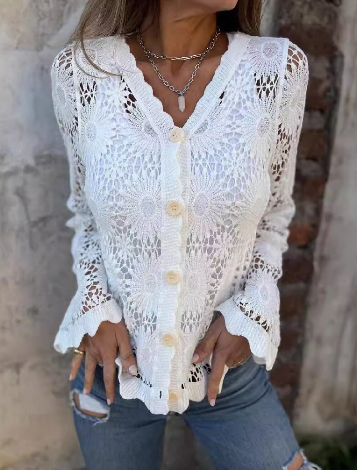 Women's Blouse Lace Tops Plain Active Casual Long Sleeve V Neck Regular Tops Daily Holiday Going out Lace Patchwork Buttons Black White Apricot Spring Fall
