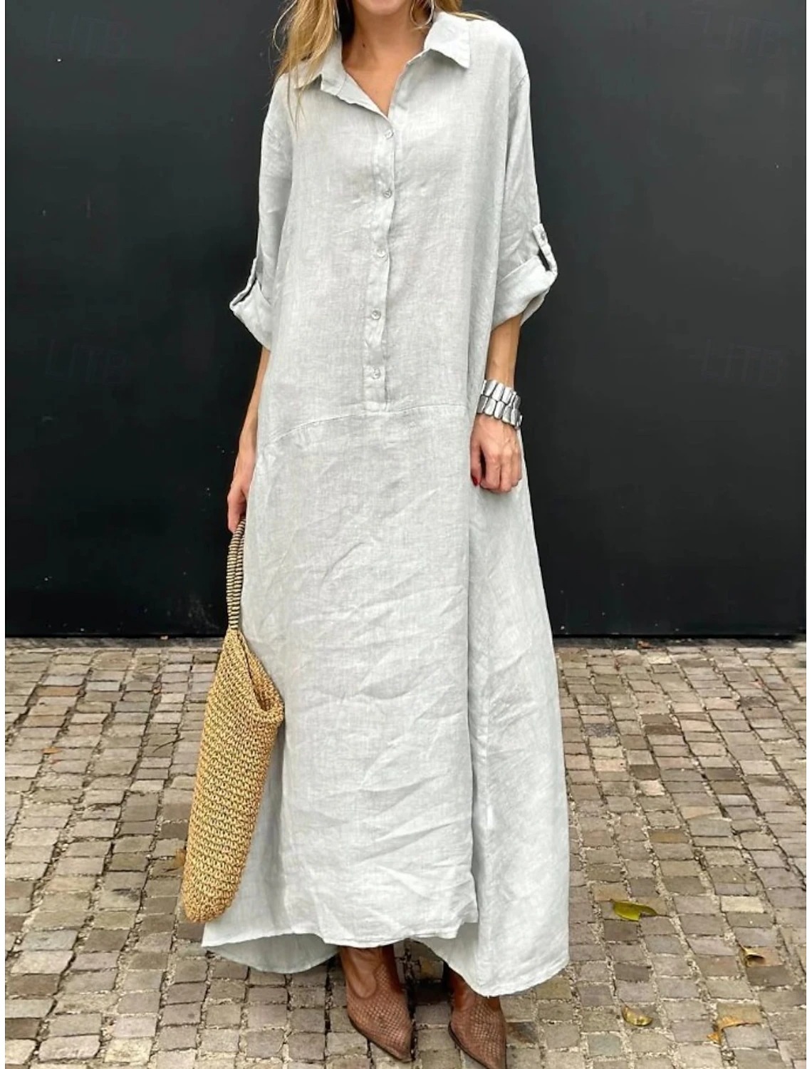 Women's Maxi Dress Sundress Shift Dress Vacation Casual Boho Daily Beach Holiday Loose Fit Plain Long Sleeve Lapel White Pink Green Summer Spring