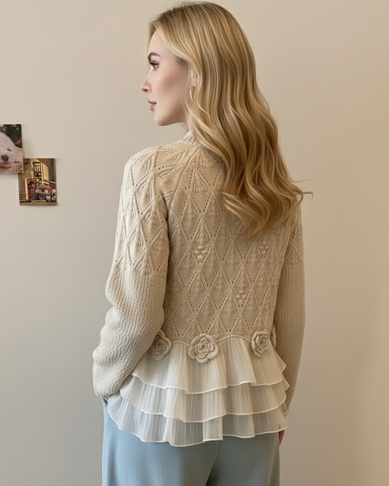 Soft Knit Ruffle Sweater with Floral Trim