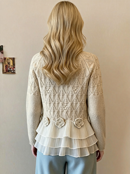 Soft Knit Ruffle Sweater with Floral Trim
