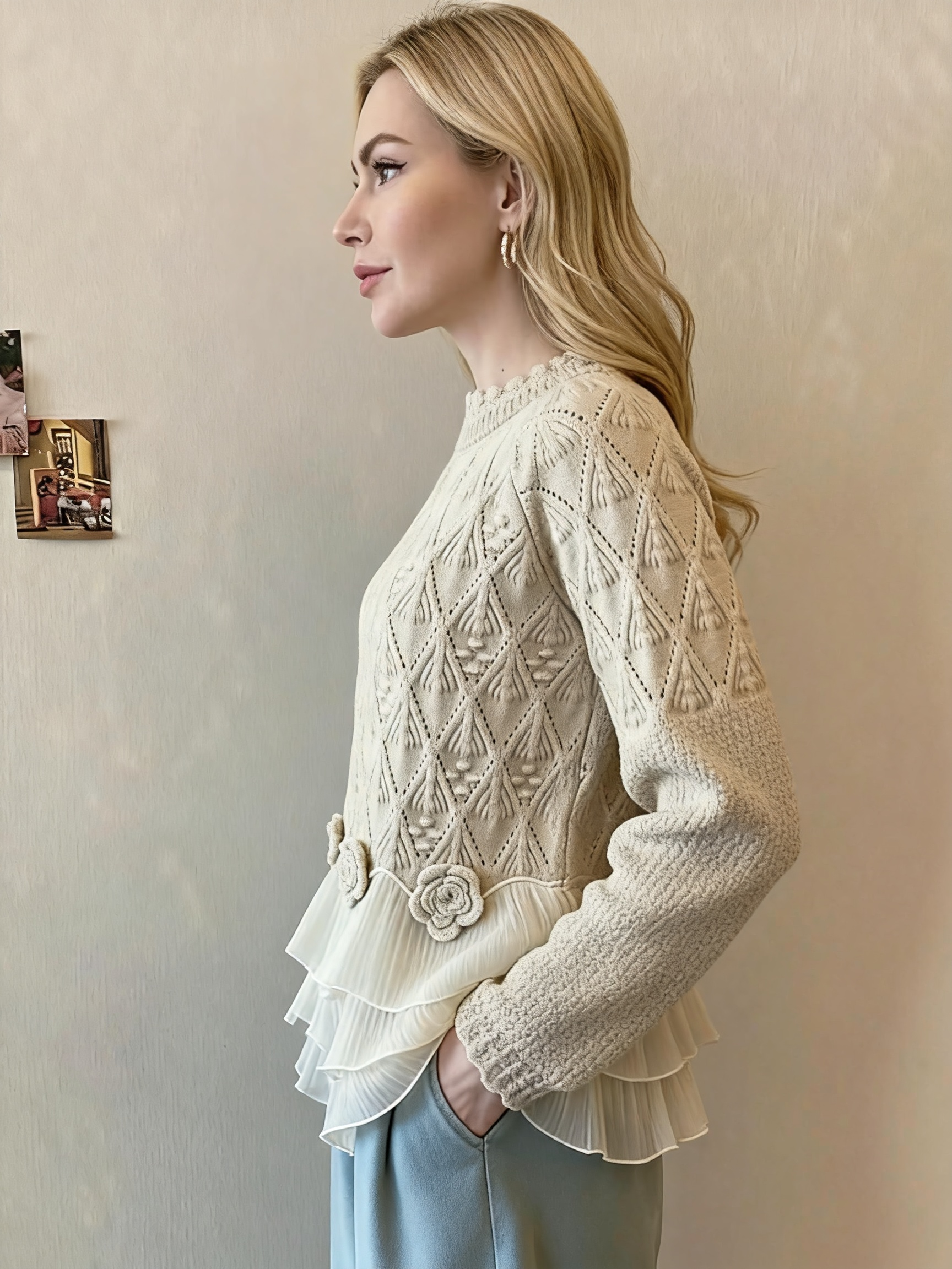 Soft Knit Ruffle Sweater with Floral Trim