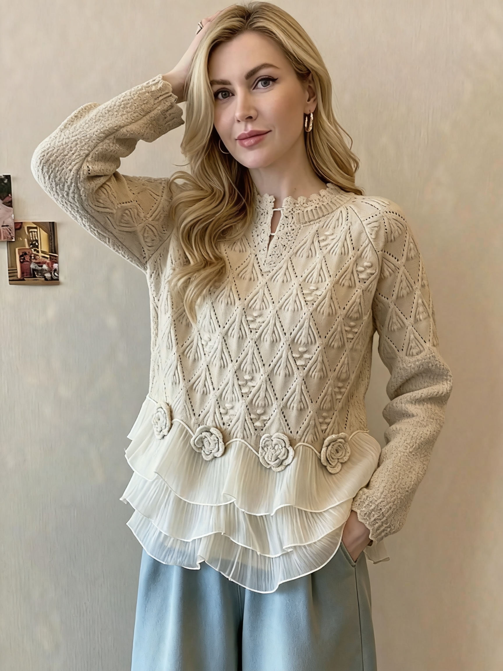 Soft Knit Ruffle Sweater with Floral Trim