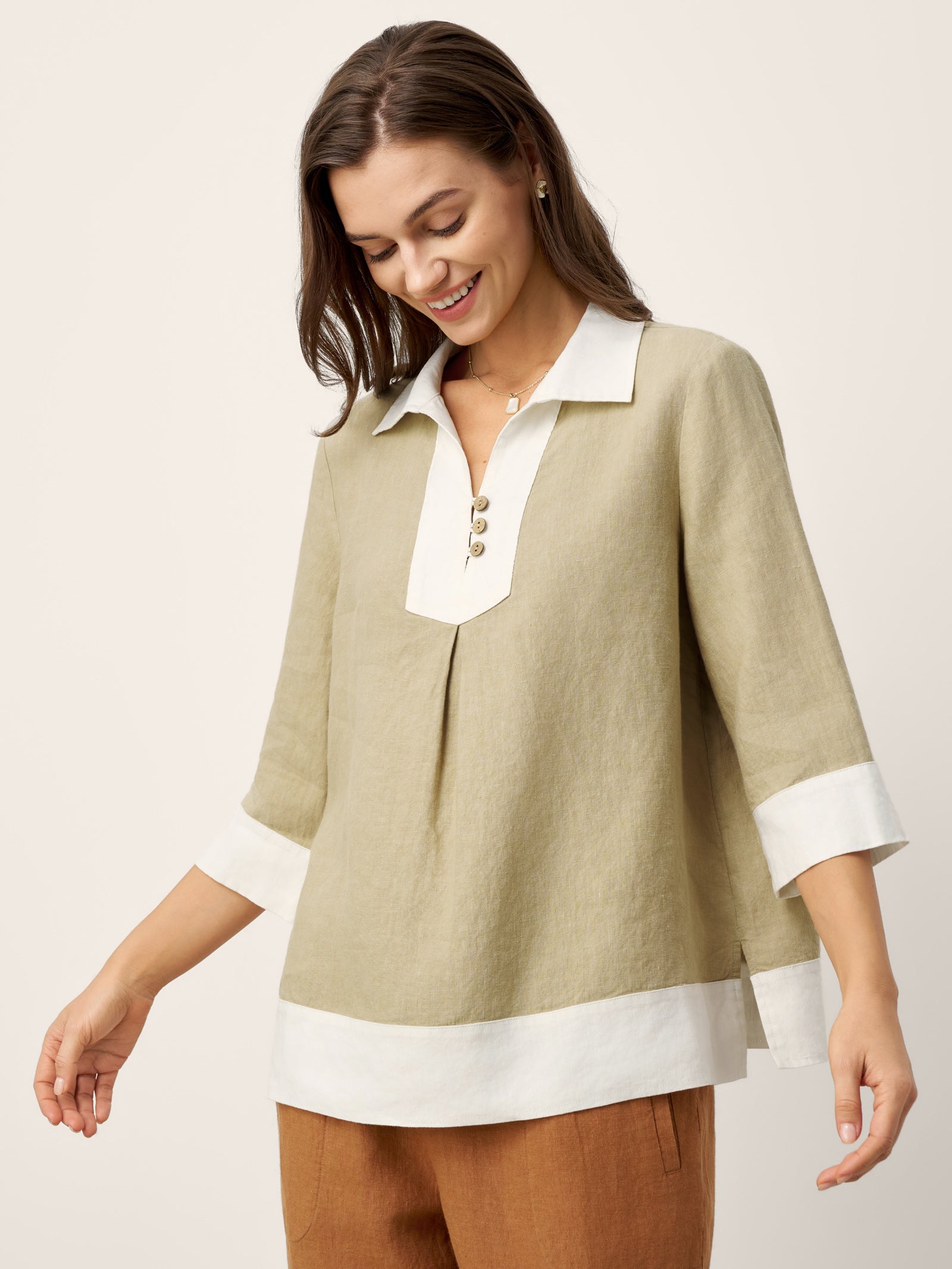 100% Linen Contrast Panel Lapel Sculpted Pleated Pullover Top VICTORIA