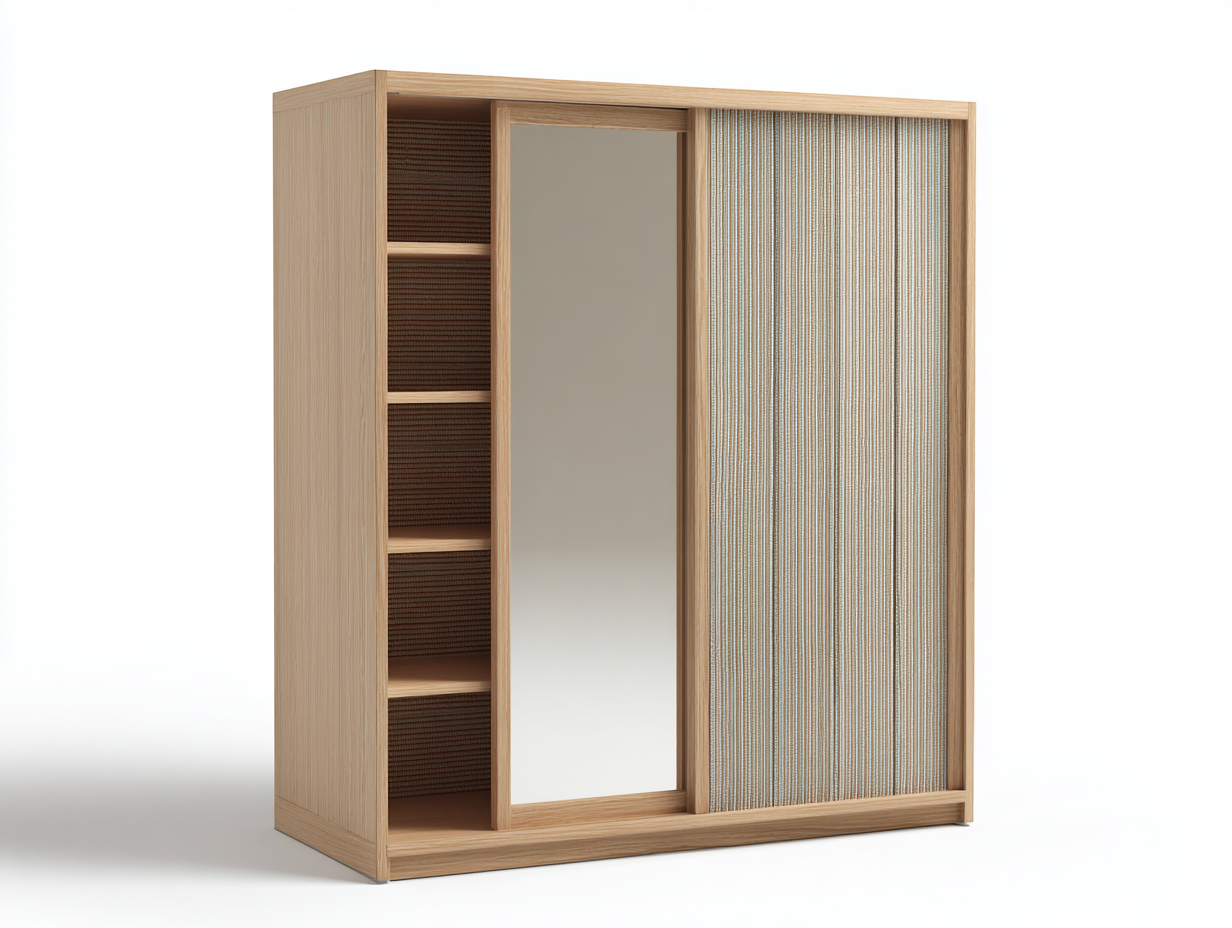Schwebetürenschrank aus Holzwerkstoff mit Spiegel und Geflecht 160x60x200cm - Naturholz - für Schlafzimmer - platzsparende Schiebetüren-Hubare