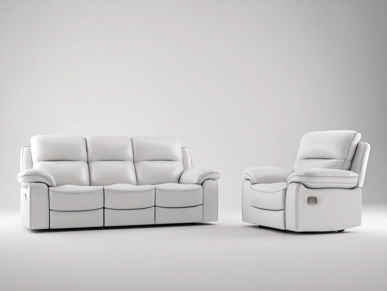 Sofa- und Sessel-Set 3-Sitzer aus Kunstleder - Sofa 220x96x102cm - Weiß - für Wohnzimmer - manuelle Relaxfunktion-Hubare