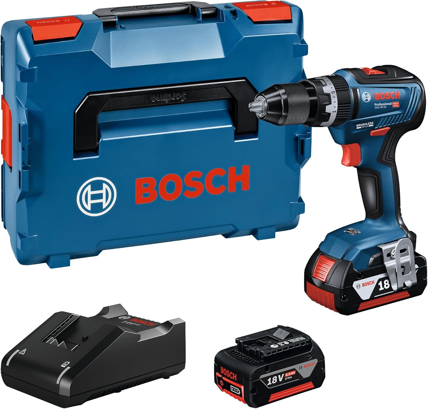Bosch Professional 18V System Akku Schlagbohrschrauber GSB 18V - 55 max. Drehmoment 55 Nm, inkl. 2x 4.0Ah Akku, Schnellladegerät GAL 18V - 40, L - BOXX-Hubare