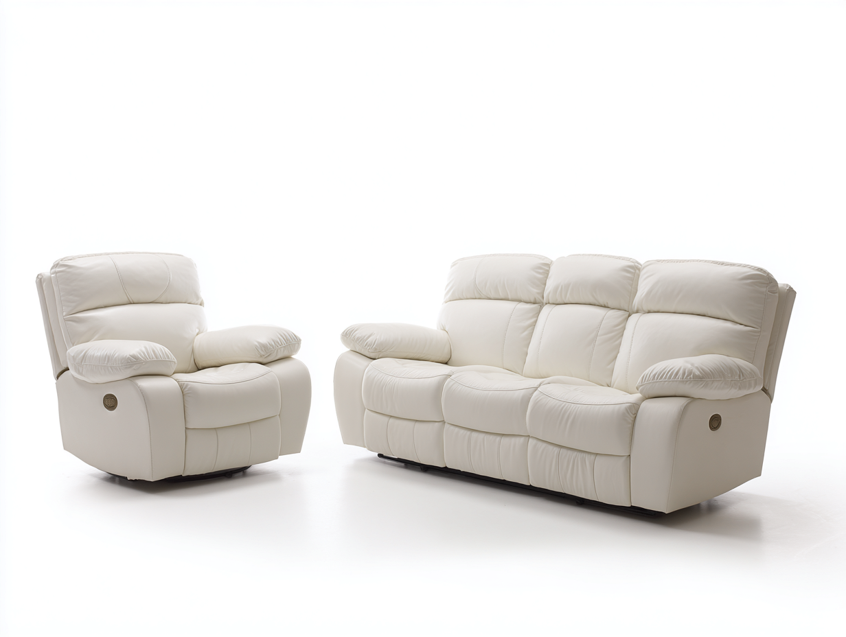 Sofa- und Sessel-Set Echtleder - Sofa 190x95x100 cm - Weiß - Wohnzimmer - mit Relaxfunktion