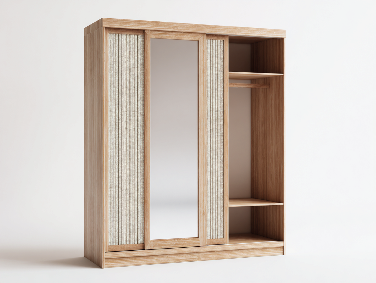 Schwebetürenschrank Holzwerkstoff Spiegel 170x60x200 cm - Naturholz - Schlafzimmer - mit Stauraum