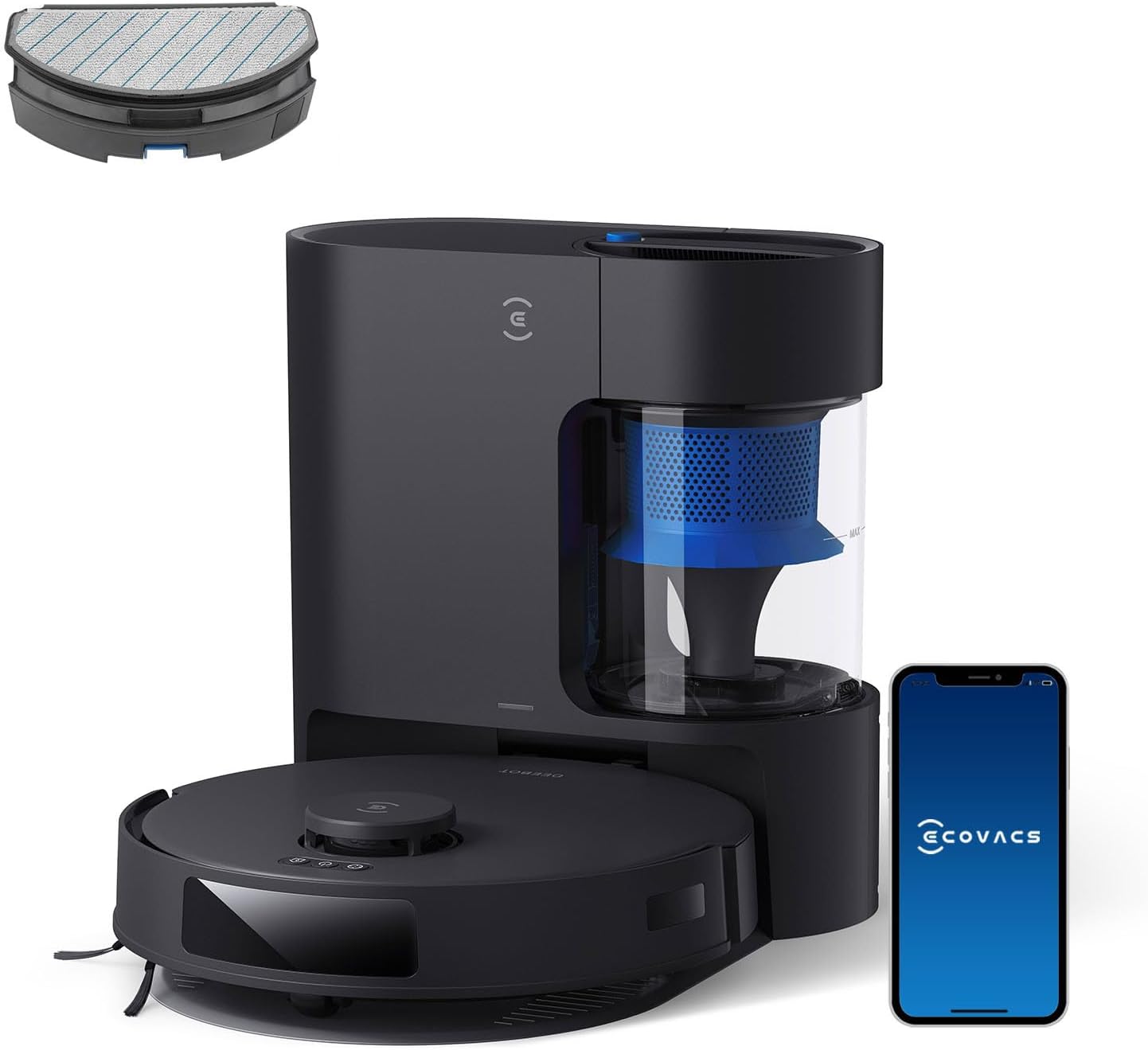 ECOVACS DEEBOT N20 PRO Plus Saugroboter mit Wischfunktion, Automatischer Entleerung Station, 8000Pa Saugkraft, Anti - Haar - Verhedderung, bis zu 300 Minuten Laufzeit,Schwarz-Hubare