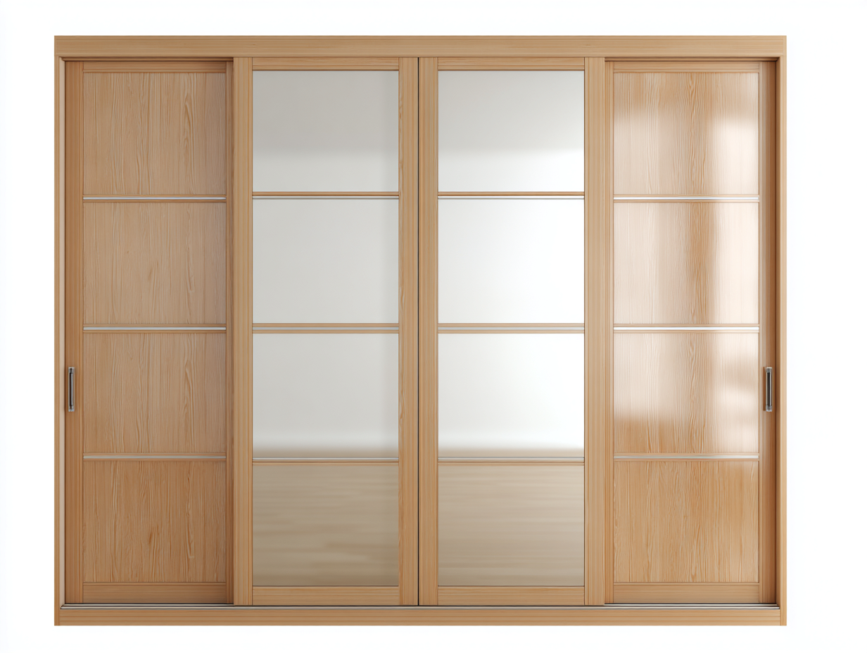 Schwebetürenschrank aus Holzwerkstoff und Glas 240x65x220cm - Naturholzfarbe/Transparent - für Schlafzimmer - mit Schiebetüren-Hubare