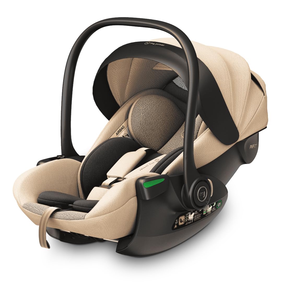 my junior AURA ERGO i - Size Babyschale Autokindersitz mit 170 Grad Liegeposition, 6 - stufige Memory - Schaum Kopfstütze, 40 - 87 cm, bis 13 kg Beige-Hubare