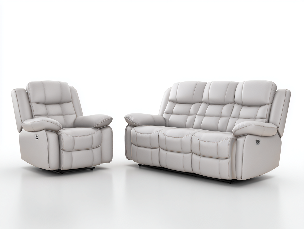 Sofa- und Sessel-Set 3-Sitzer aus Kunstleder - Sofa 218x98x102cm - Hellgrau - für Wohnzimmer - komfortable Relaxfunktion-Hubare