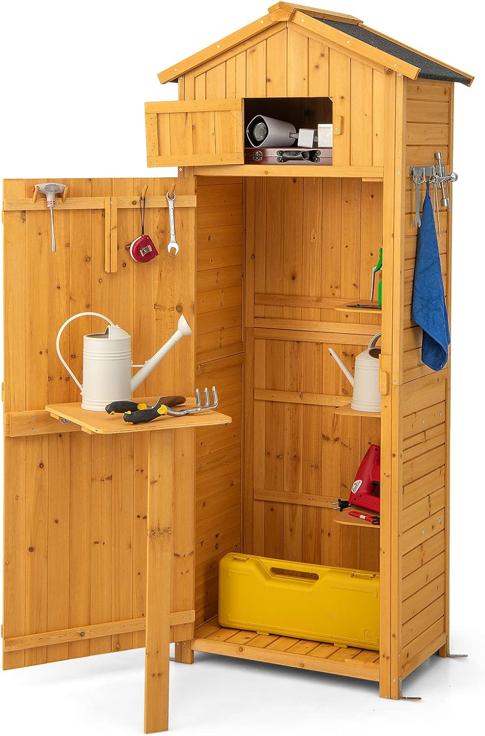 COSTWAY Gartenschrank Holz, Gerätehaus wetterfest, Geräteschuppen mit klappbarem Tisch und Tür und 8 Haken, Holzschuppen mit Satteldach, Geräteschrank Gartenschuppen, für Garten, Terrasse, Hof Natur-Hubare