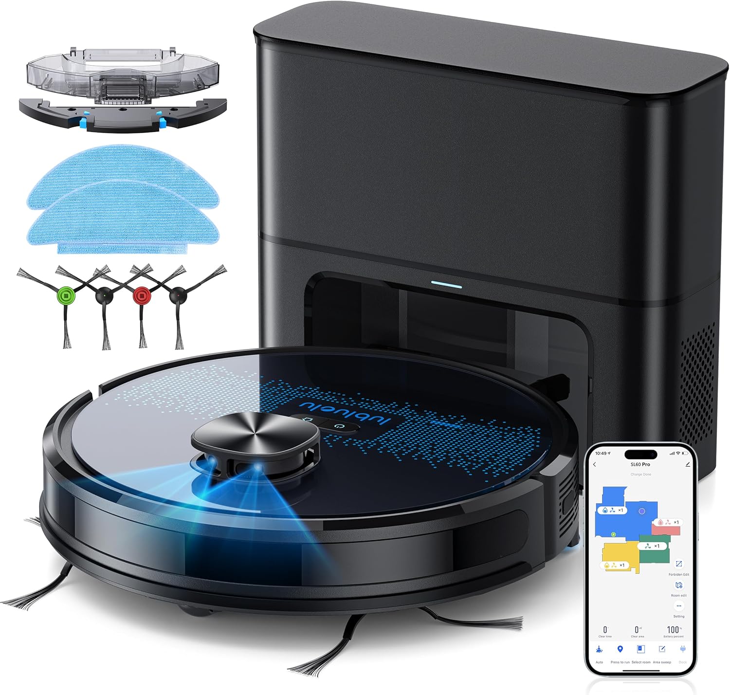 Lubluelu Saugroboter mit Absaugstation 3 - in - 1, 4500Pa Staubsauger Roboter mit Wischfunktion, Roboterstaubsauger mit Lasernavigation APP Steuerung, Ideal für Tierhaare, Teppiche, Hartböden SL60 Pro-Hubare