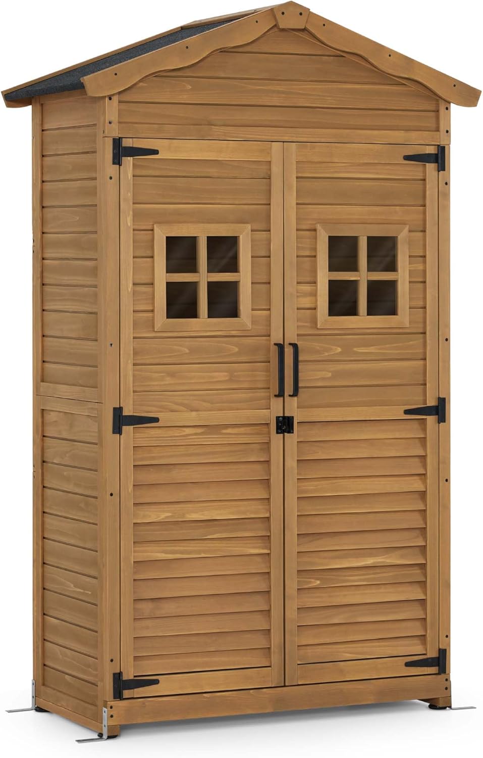 M MCombo Gartenschrank Gartenhaus Holz Wetterfest, Geräteschrank Gerätehaus Outdoor, für Außenbereich Garten Terrasse, Geräteschuppen mit 2 Bewegliche Regale, 57x109x180 cm, 1152 Natur-Hubare