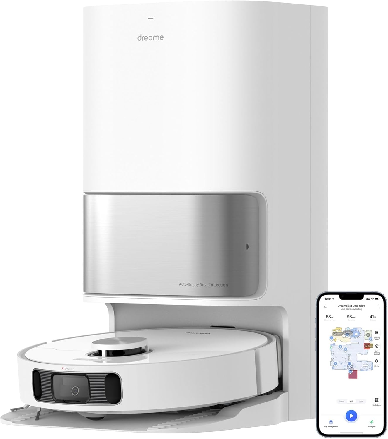 dreame L10s Ultra Saugroboter mit Wischfunktion und automatische Staubentleerung, Wischpads Selbstreinigung 3D - Hinderniserkennung, 5300Pa Teppiche Tierhaare, 210m Akku, WiFi APP, Weiß-Hubare