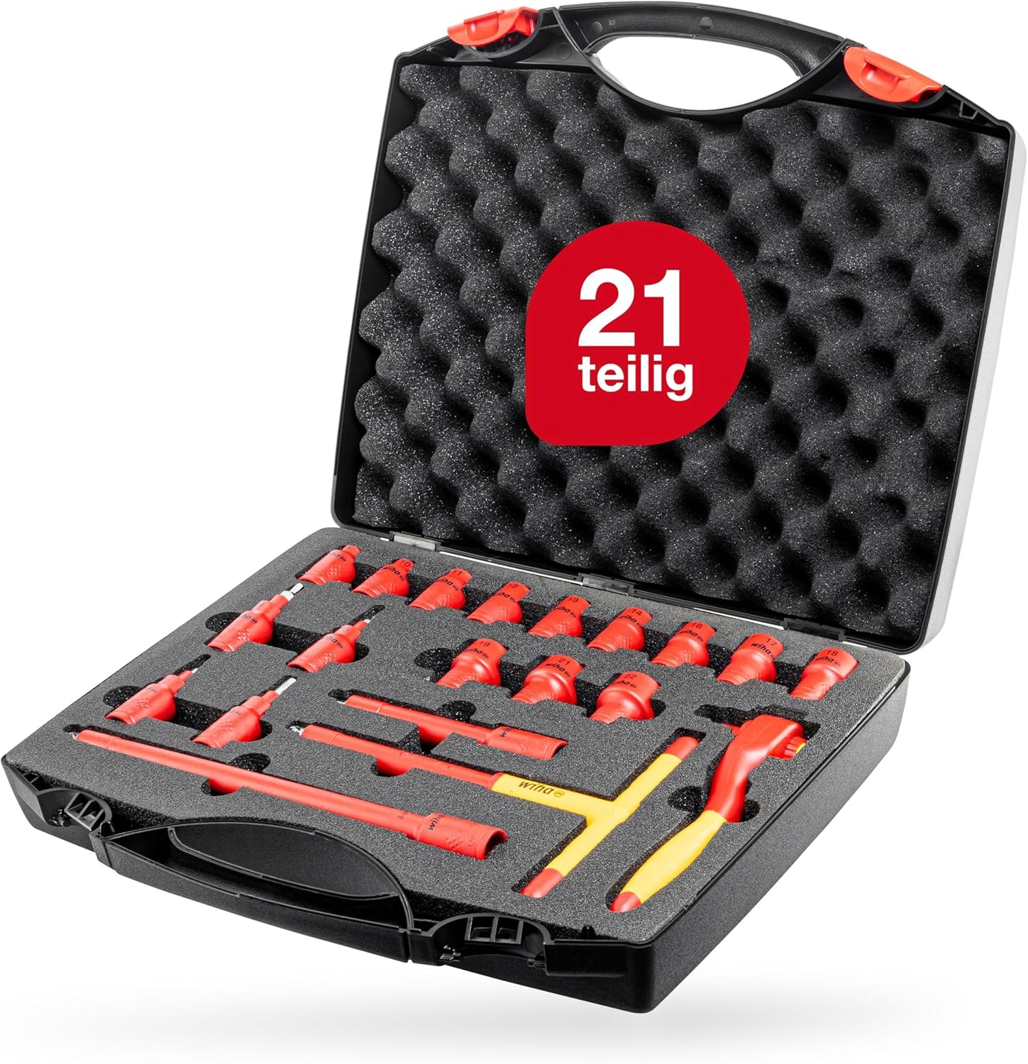 Wiha Ratschenschlüssel Set isoliert 3 8 Zoll 21 - teilig mit Umschalthebel I Verlängerung und Quergriff Adapter I inklusive Koffer - Steckschlüsselset für effizientes Arbeiten 43023-Hubare