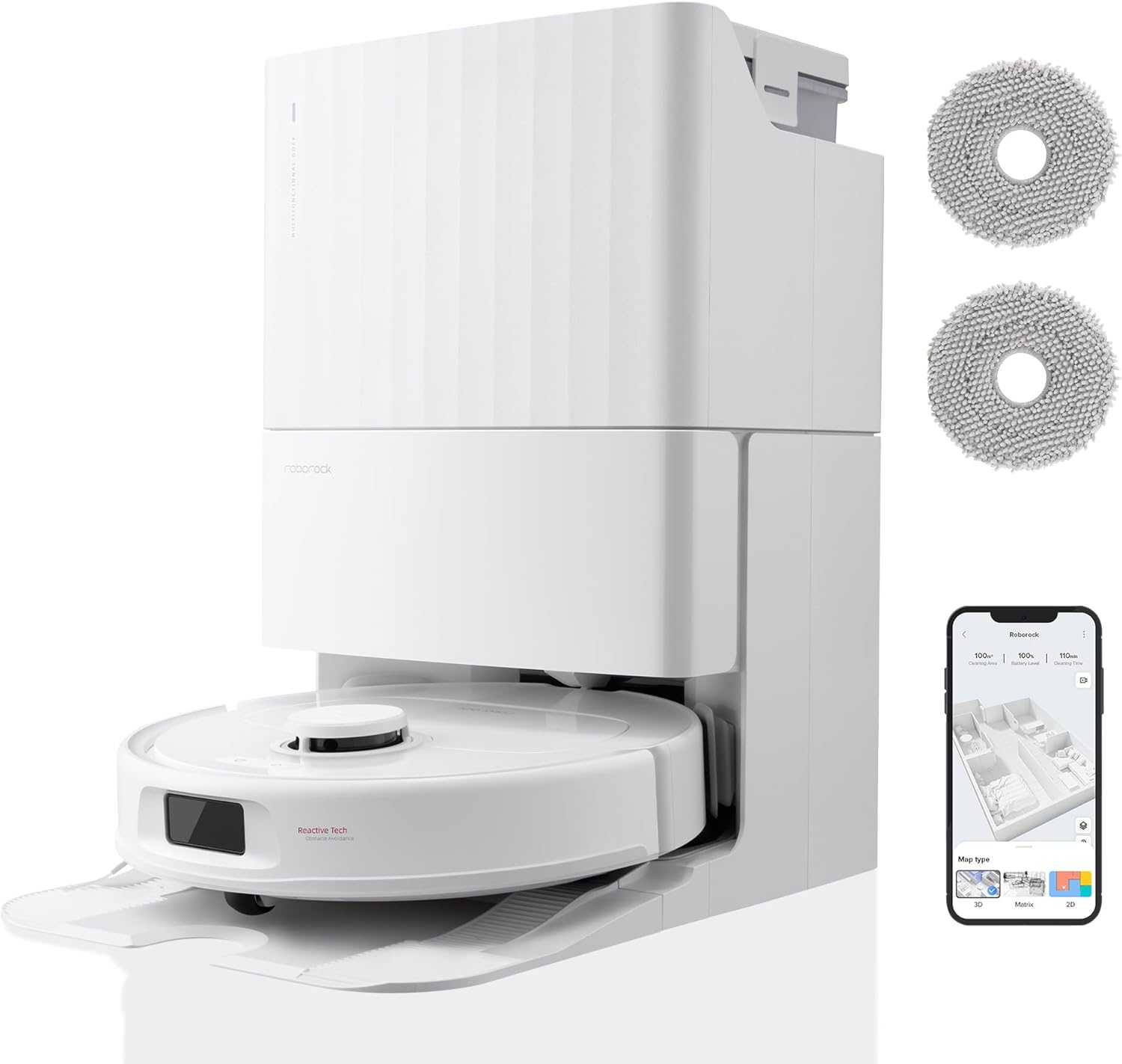 roborock Qrevo S Saugroboter mit Wischfunktion, 7000 Pa HyperForce Reinigungsleistung, 45 dB A leises Trocknen, PreciSense LiDAR Navigation, zusätzlich 2 Wischmops, Roboterstaubsauger - Set Weiß-Hubare