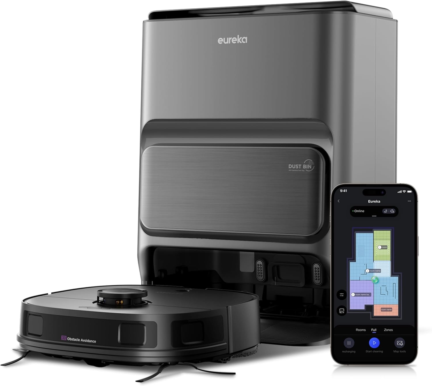 EUREKA J12 Ultra Roboterstaubsauger mit Wischfunktion Selbstentleerung, Wasch - und Trocknung , 5000Pa Saugkraft, Rotierende Wischfunktion, Dual - LiDAR Navigation, 3D KI - Hindernisvermeidung-Hubare