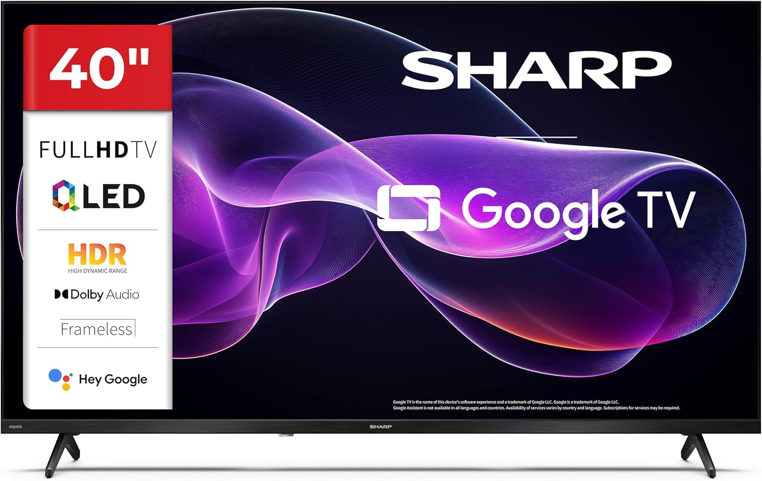 SHARP 40HF3365E - Google TV, 40 Zoll FHD, Rahmenlos, 60 Hz, QLED, Google Assistant mit Mikrofon, Chromecast, Bluetooth, 2x8 W Sound, 3X HDMI, 2X USB, Farbe: Schwarz-Hubare