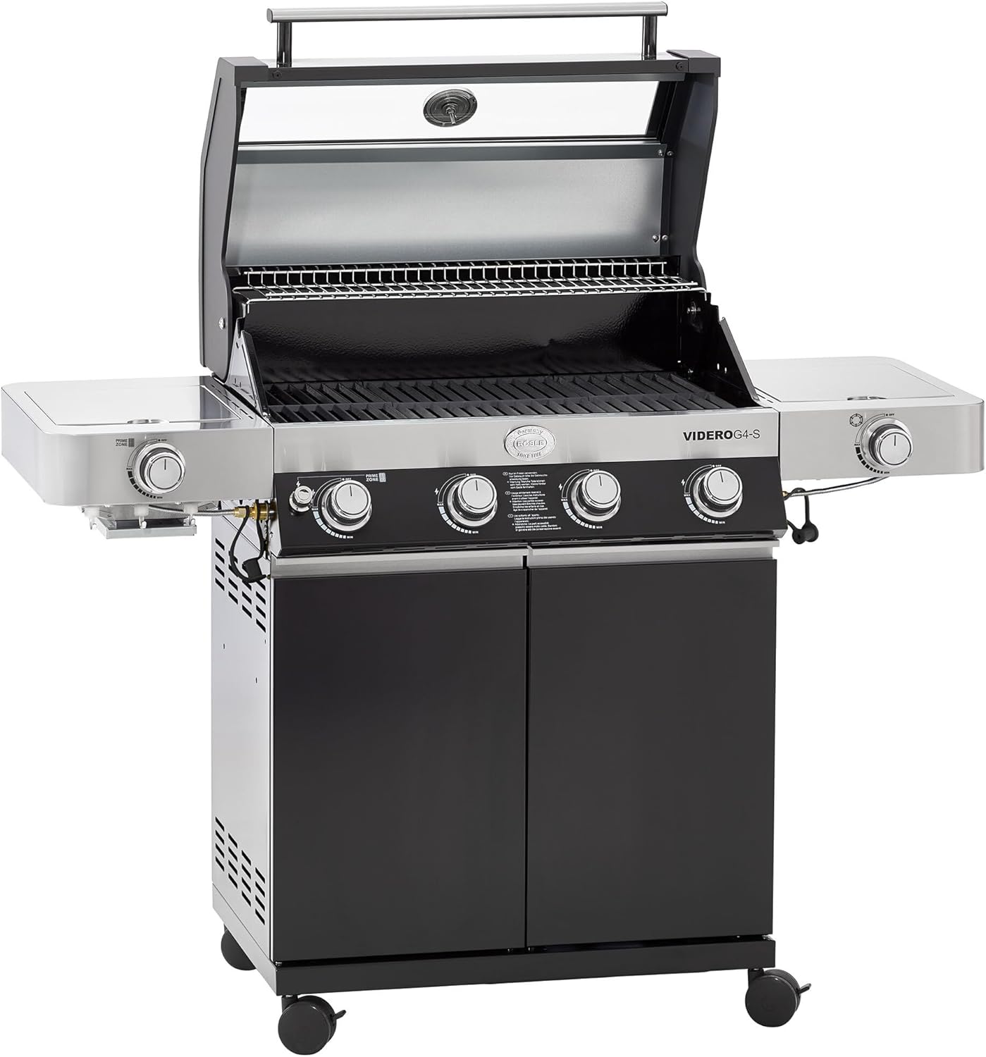 RÖSLE Gasgrill BBQ - Station VIDERO G4 - S Schwarz, Grill mit 4 Edelstahlbrennern, extra Primezone und Seitenbrenner, klappbare Seitentische, VARIO, pulverbeschichteter Stahl-Hubare