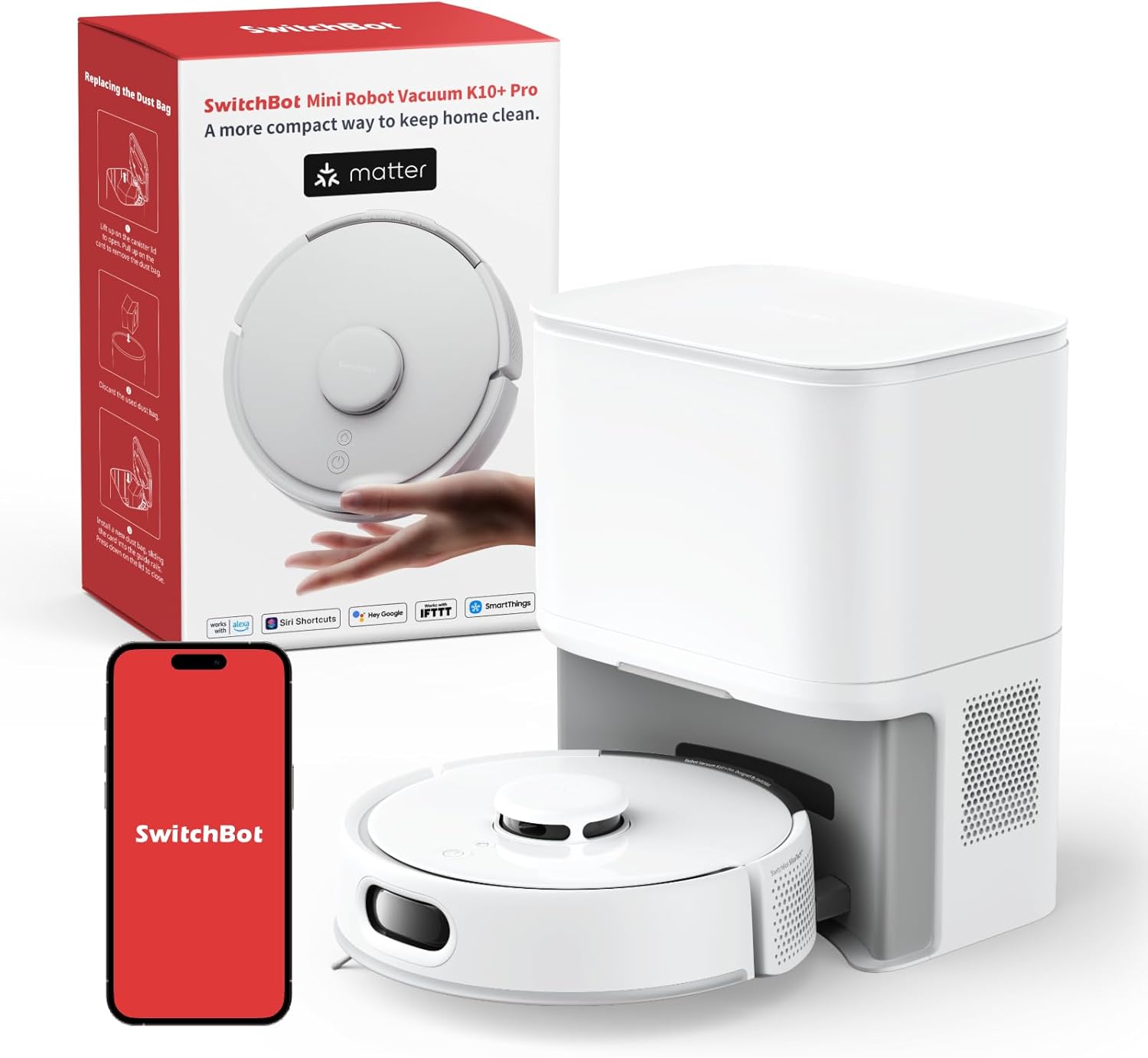 SwitchBot K10 Pro Saugroboter mit Absaugstation 90 Tage, 45dB Ultraleise, Mini Staubsauger Roboter mit LiDAR - Navigation für Große Eckenabdeckung, Einweg - Feuchttücher zum Wischen, kompatibel mit Alexa-Hubare