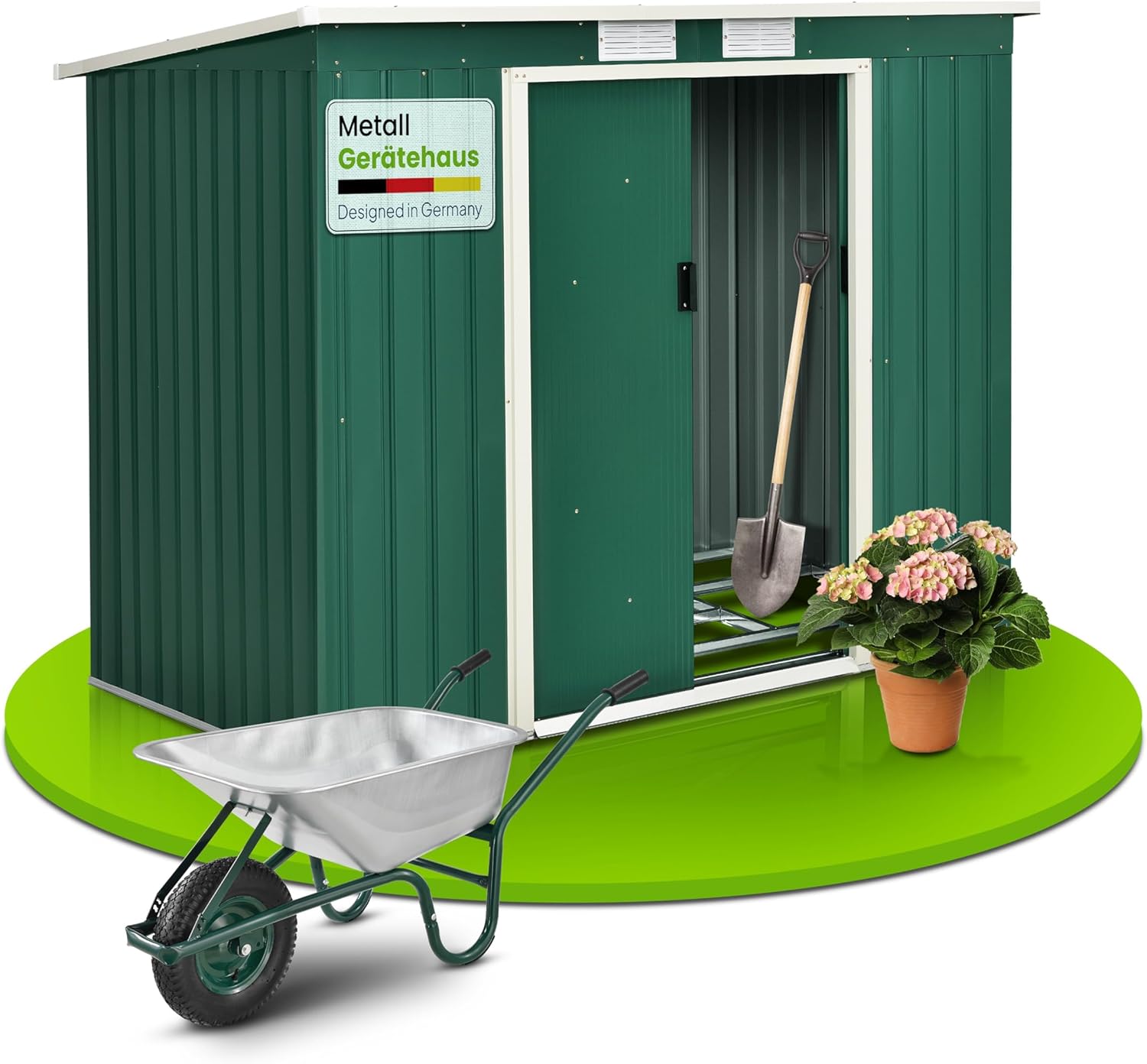 Juskys Metall Gerätehaus M 4 m3 mit Fundament, 213 x 130 x 173 cm, Geräteschuppen mit Pultdach und Schiebetür, Stahl Gartenhaus Garten Schuppen, grün-Hubare