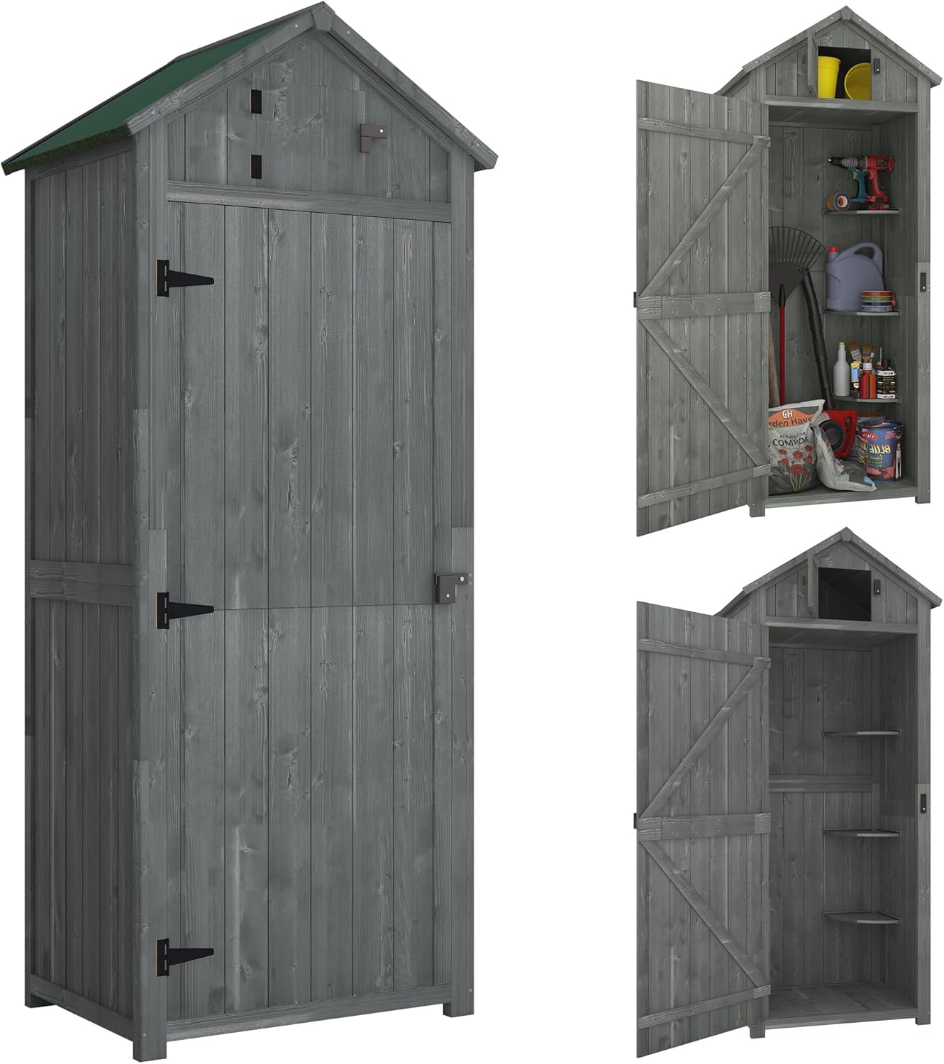Outsunny Gartenschrank Holz, Geräteschuppen wetterfest 77x54,2x179cm, Gerätehaus mit Tür, Satteldach, Geräteschrank mit Böden, Werkzeugschrank Gartenschuppen für Garten, Terrasse, GrauGrün-Hubare