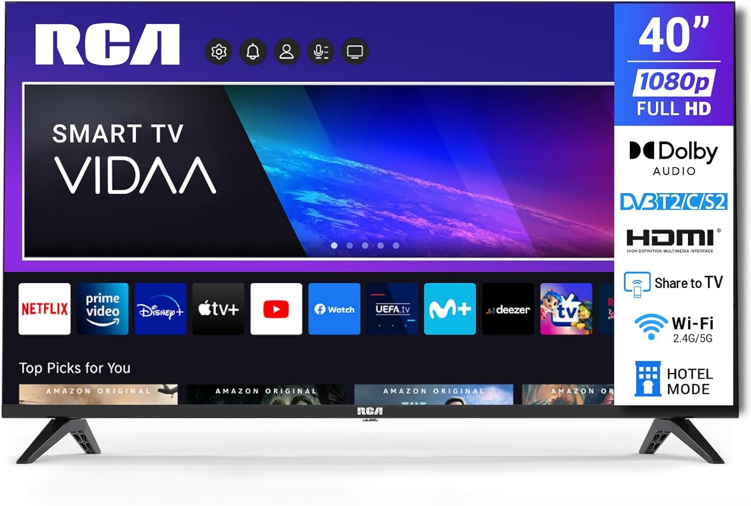 RCA VRS40FQ1 Smart TV 40 Zoll 100 cm FHD Fernseher mit WLAN, Triple Tuner DVB - T T2, DVB - C, DVB - S S2 , App Store, Prime Video, Netflix, YouTube, DAZN, Disney RVSmart 2024-Hubare