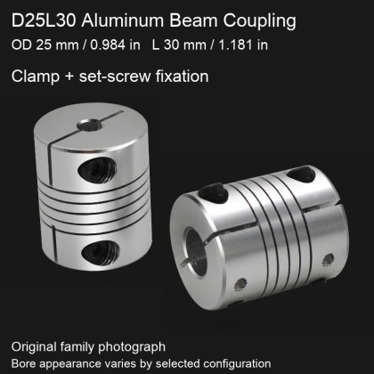 D25L30 Aluminum Flexible Beam Shaft Couplings, Clamp + Set Screw