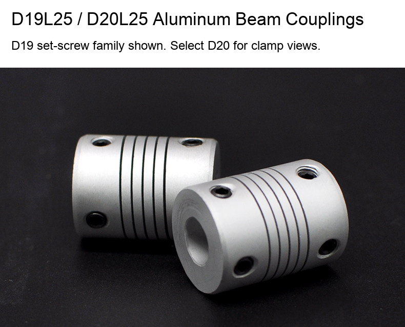 Original D19 set-screw family photograph; D20 clamp photograph appears on model selection