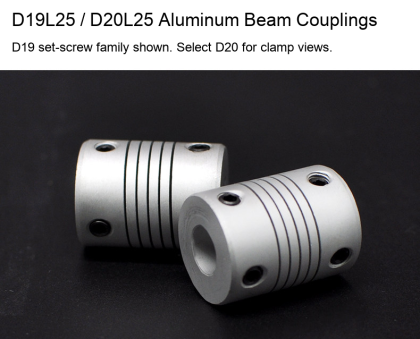 D19L25 / D20L25 Aluminum Flexible Beam Couplings, Set Screw and Clamp
