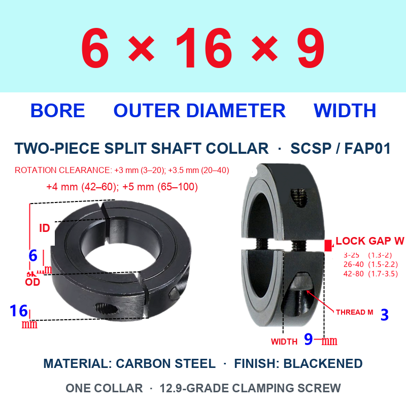 BOLTTE standard-profile carbon steel two-piece split shaft collar, 6 mm bore, 16 mm outer diameter, 9 mm width