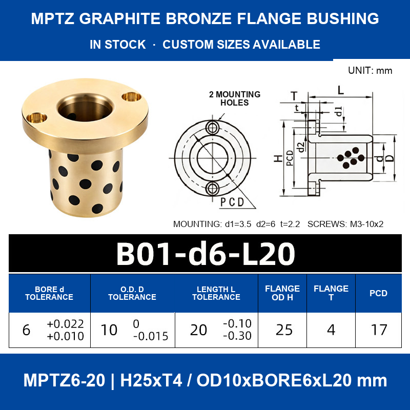 MPTZ graphite bronze round flange bushing, 6 mm bore, 10 mm OD, 20 mm length